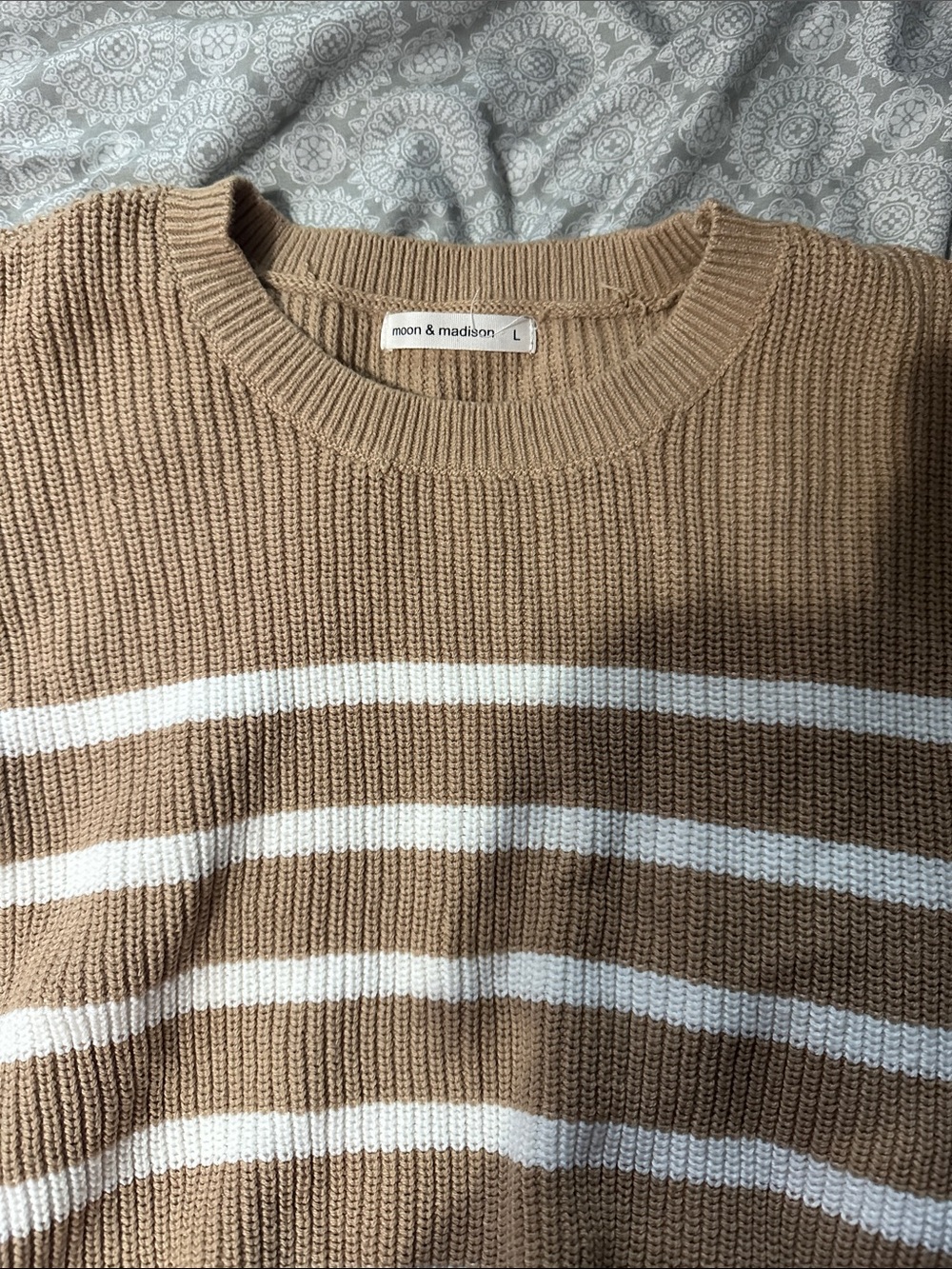 moon & madison Tan and White Striped Crewneck Sweater